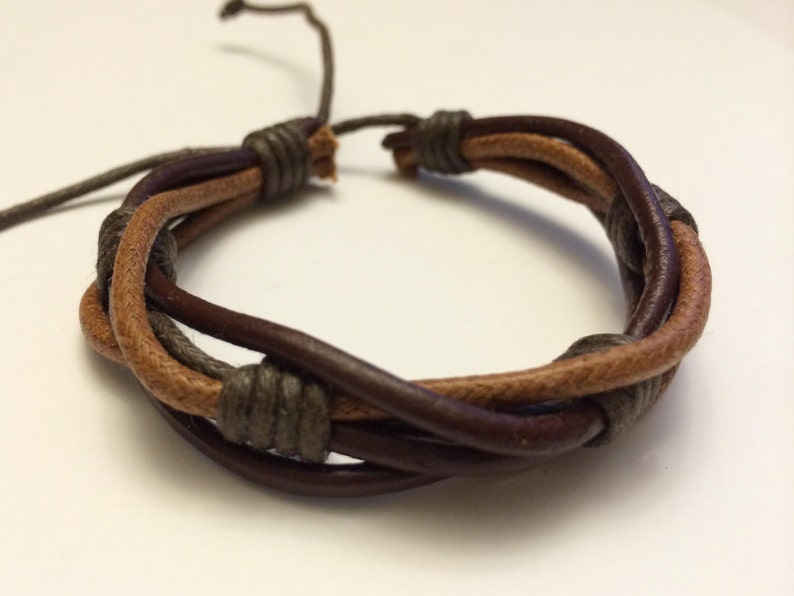 Round Light Brown hemp Ropes interlaced with Brown leather Bracelet image 1