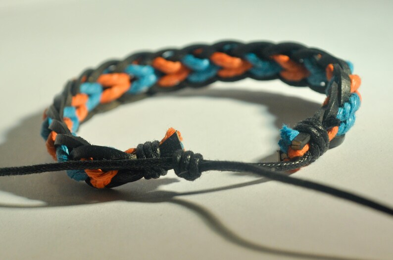 Blue and Orange hemp cord and Black leather braided bracelet image 3