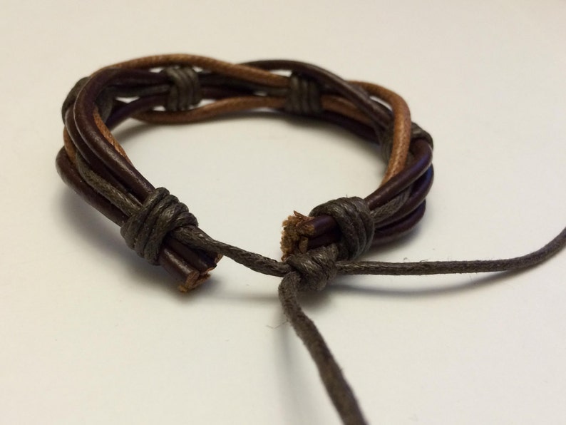 Round Light Brown hemp Ropes interlaced with Brown leather Bracelet image 3