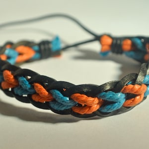 Blue and Orange hemp cord and Black leather braided bracelet image 1