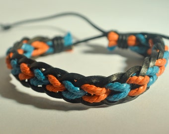 Blue and Orange hemp cord and Black leather braided bracelet