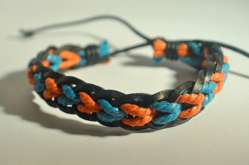 Blue and Orange hemp cord and Black leather braided bracelet image 1