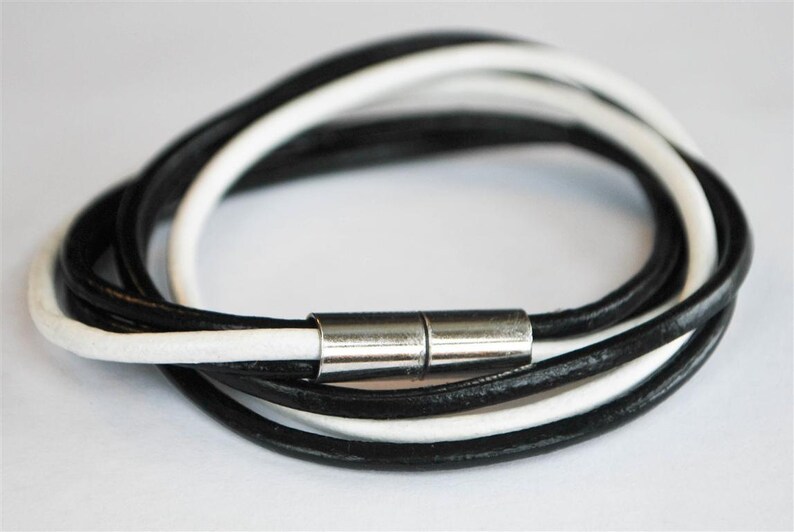 Black and White round doublewrapped Magnetic leather bracelet image 4