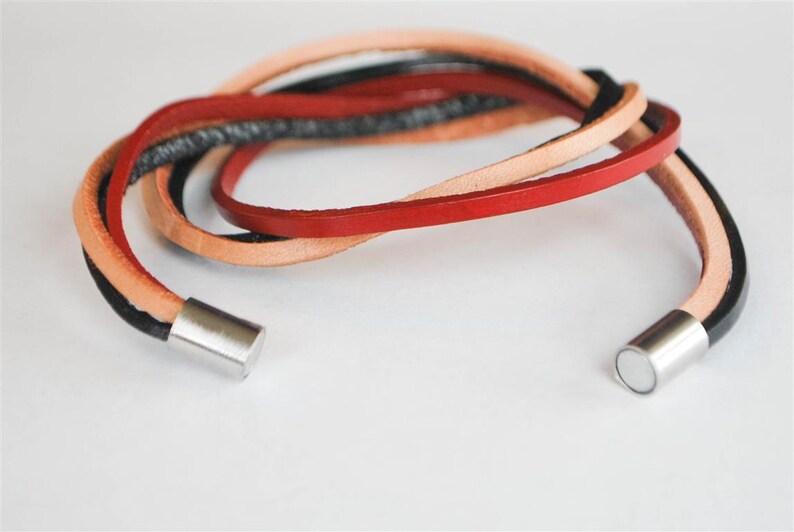 Light Brown Red and Black doublewrapped Magnetic leather bracelet image 3