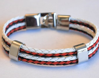 Multi Black and Red braided leather cord with White Silver Clip on buckle bracelet