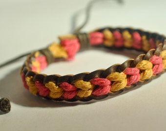 Red and Yellow hemp cord and Brown leather braided bracelet