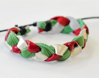 On Sale - Gold Green and Red braided Leather Bracelet