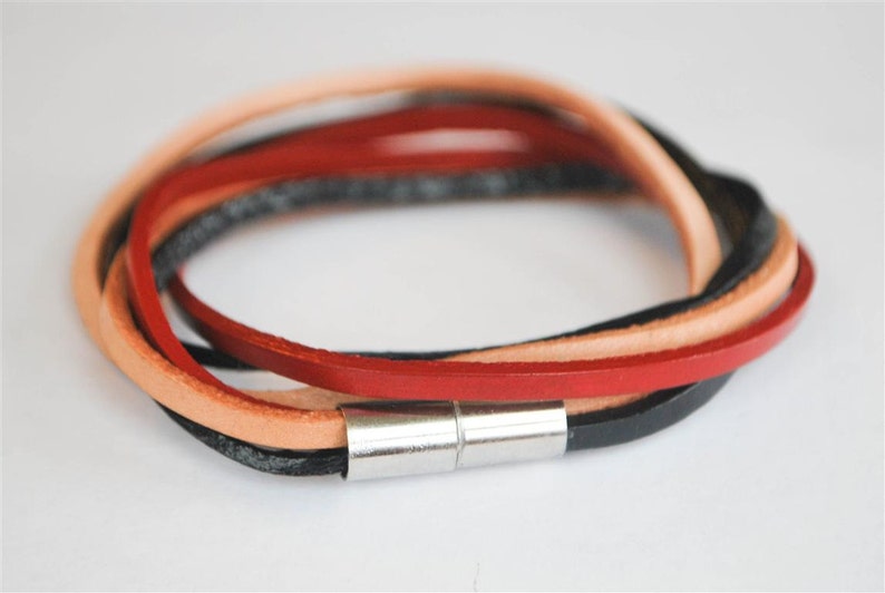 Light Brown Red and Black doublewrapped Magnetic leather bracelet image 4