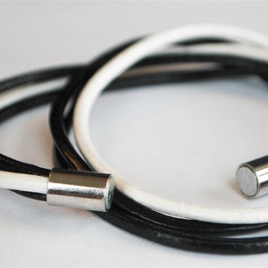 Black and White round doublewrapped Magnetic leather bracelet image 3