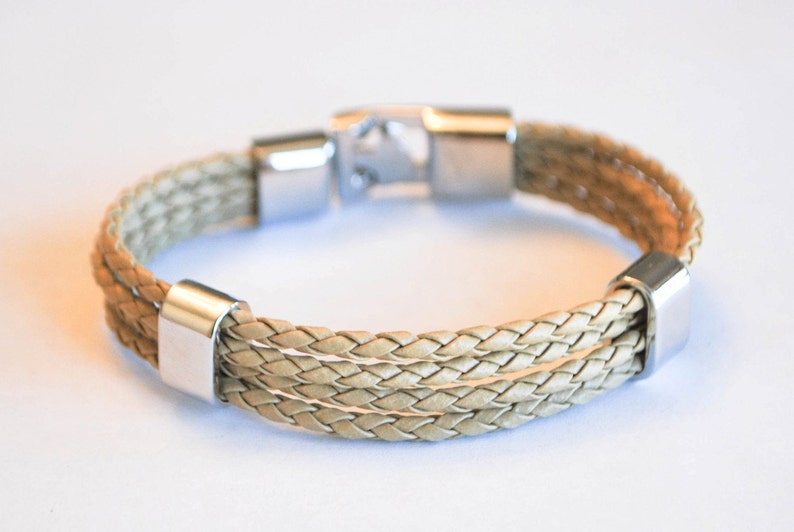 Multi beige braided leather cord with Silver Clip on buckle bracelet image 1