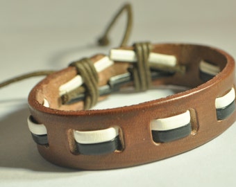 Black and White interlaced with Brown leather bracelet