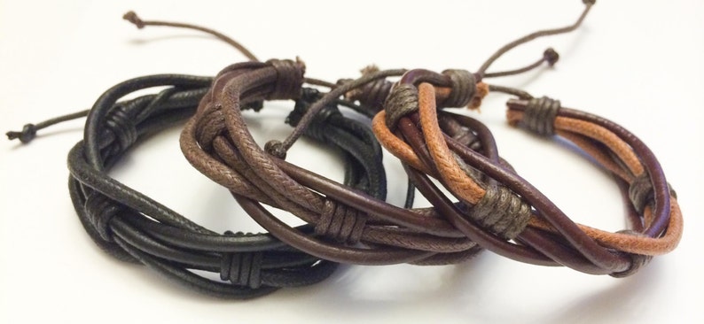 Round Light Brown hemp Ropes interlaced with Brown leather Bracelet image 4