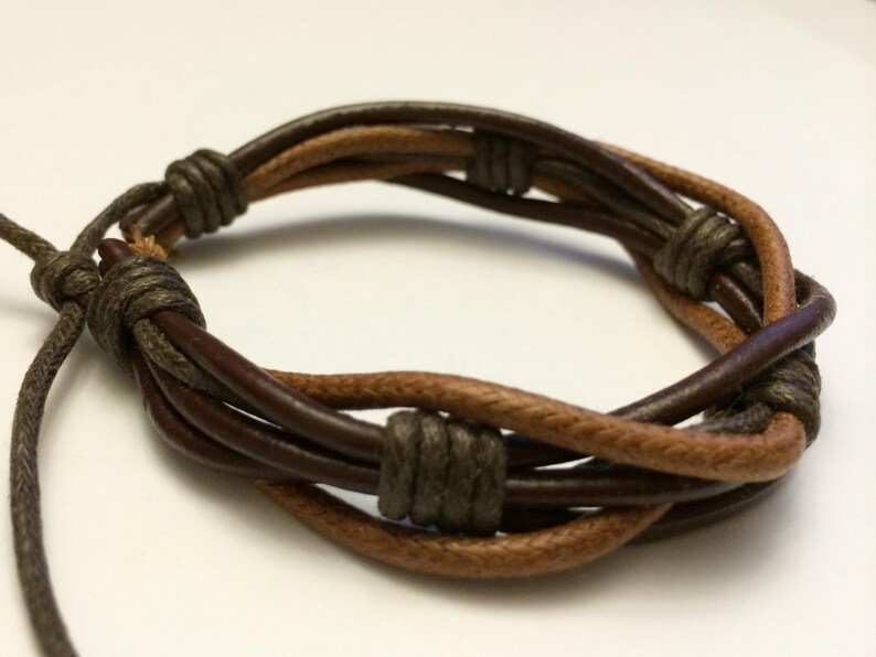 Round Light Brown hemp Ropes interlaced with Brown leather Bracelet image 2