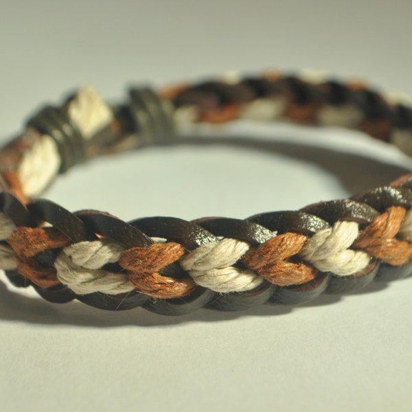 Ivory and Brown hemp cord and Brown leather braided bracelet