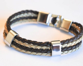 Multi Brown and Beige braided leather cord with Silver Clip on buckle bracelet