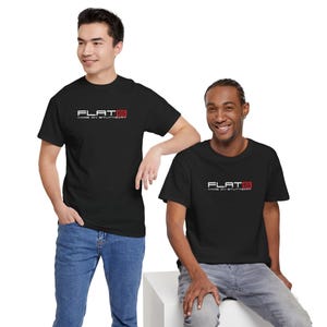 Motorsports lifestyle clothing with a bold FLAT SIX graphic, suitable for track days or casual wear.