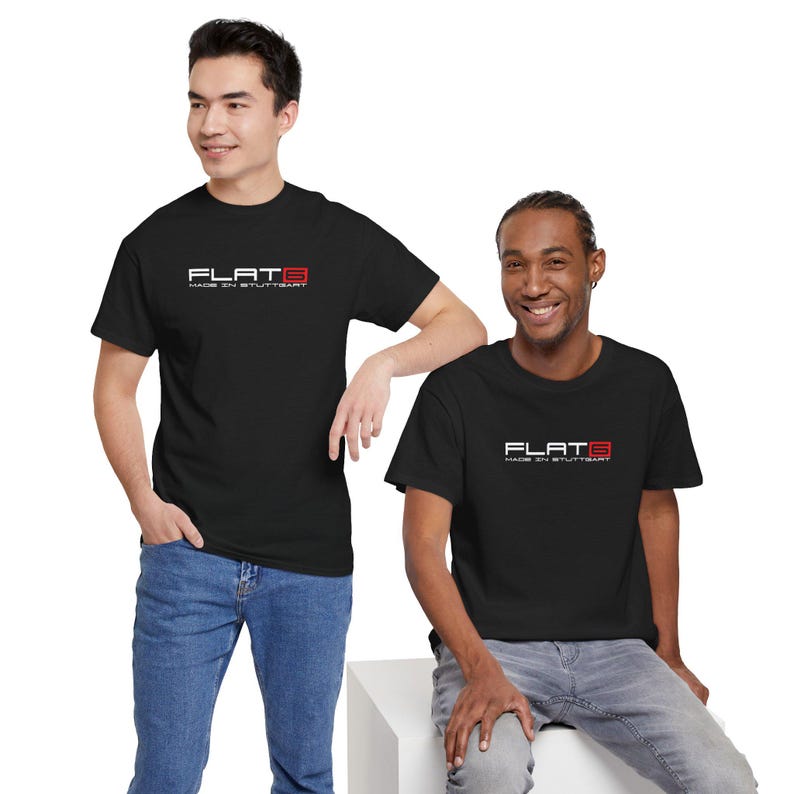 Motorsports lifestyle clothing with a bold FLAT SIX graphic, suitable for track days or casual wear.