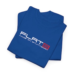 Close-up of an air cooled graphic tee with a red and white FLAT SIX logo, perfect as a motorsports racing gift.