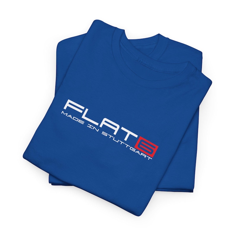 Close-up of an air cooled graphic tee with a red and white FLAT SIX logo, perfect as a motorsports racing gift.