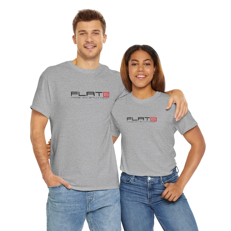 Unisex motorsports tee with clear FLAT SIX branding, a must-have gift for car enthusiasts.