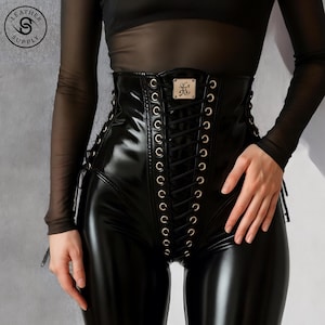Black Leather Lace-Up Corset Belt: Gothic Steampunk Waist Cincher