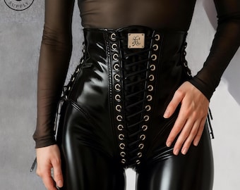 Black Leather Lace-Up Corset Belt: Gothic Steampunk Waist Cincher