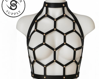 Handmade Leather Cage Harness Crop Top: Festival Rave Clubwear
