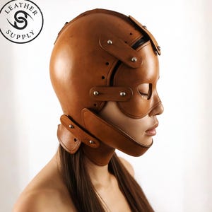 Brown Leather Full Head Mask: Steampunk Gothic Cosplay Helmet