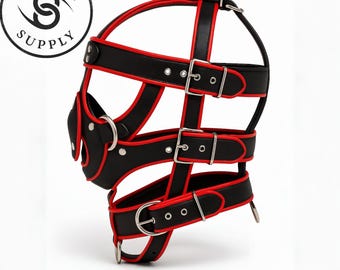 Handmade Leather Bondage Hood – Adjustable Red & Black Harness Mask