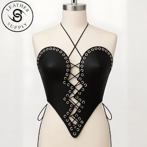 Handmade Black Leather Corset Top: Gothic Festival Lace-Up Bustier