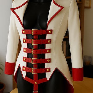 Könnte beinhalten: Eine weiße Jacke mit roten Details, präsentiert auf einer schwarzen Schaufensterpuppe. Die Jacke hat einen hohen Kragen, lange Ärmel und rote Riemen mit goldenen Schnallen. Die Manschetten sind rot, und die Jacke ist tailliert.