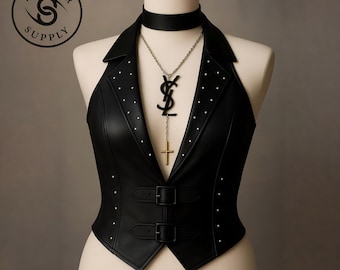 Handmade Black Leather Corset Top: Steampunk Studded Waistcoat
