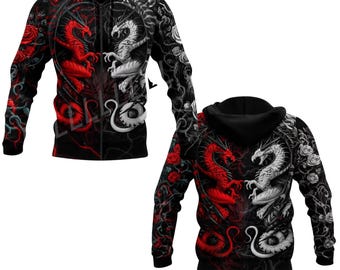 Bluza z kapturem i zamkiem błyskawicznym w kolorze czerwono-białym z motywem smoka, gotycka bluza unisex z motywem fantasy róż Yin Yang