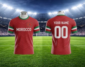 Camiseta de fútbol de Marruecos personalizada, con nombre y número personalizados, kit para aficionados en rojo, negro y degradado, camiseta deportiva unisex.