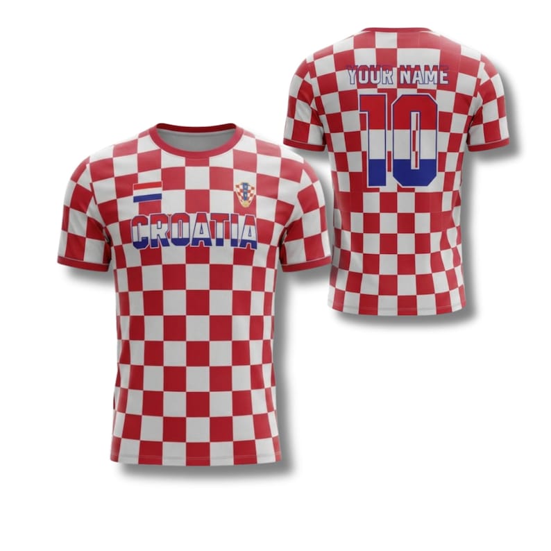 May include: A red and white chequered Croatia football shirt. The front of the shirt displays the word "CROATIA" in blue, along with the Croatian flag and emblem. The back features the number 10 in blue and the text "YOUR NAME".