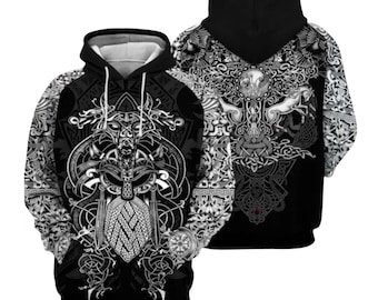 Norse Viking Warrior Hoodie, Black White Celtic Knot Raven Tattoo Art Unisex Pullover