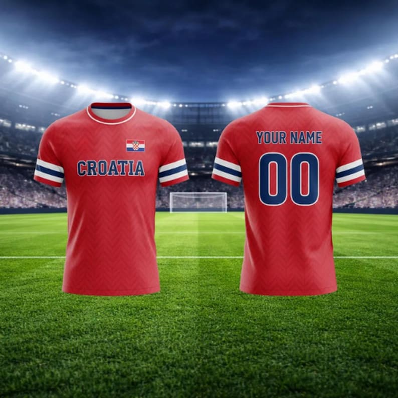 May include: Red soccer jersey with white and blue accents. The front displays the word "CROATIA" and the Croatian flag. The back of the jersey has the text "YOUR NAME" above the number "00".