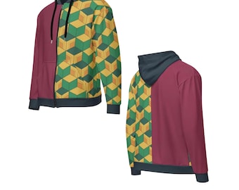 Geometric Cube Zip Hoodie, Green Yellow Color Block Unisex Jacket