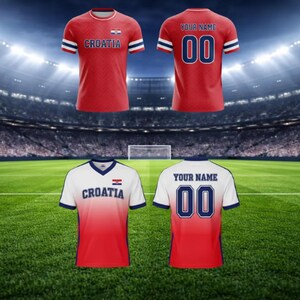 May include: Red and white Croatia soccer jerseys. The front of the red jersey has the word "CROATIA" and the Croatian flag. The back of the jersey has the number "00" and the words "YOUR NAME". The white jersey has a red gradient.
