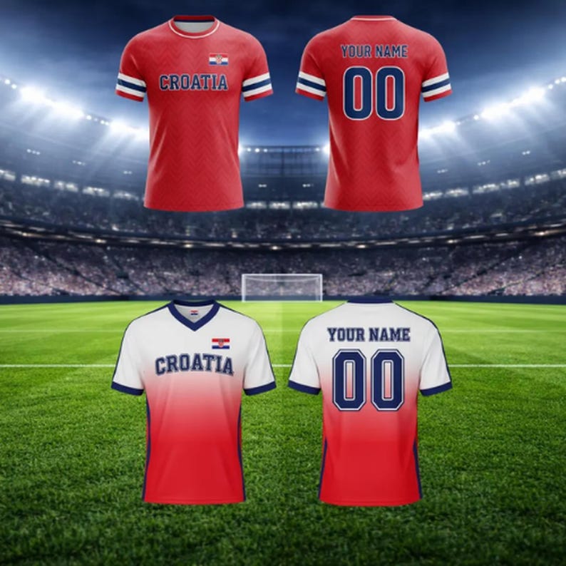 May include: Red and white Croatia soccer jerseys. The front of the red jersey has the word "CROATIA" and the Croatian flag. The back of the jersey has the number "00" and the words "YOUR NAME". The white jersey has a red gradient.