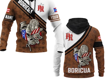 Boricua Puerto Rico Flag Hoodie, Custom Name Taino Mask Unisex Sweatshirt