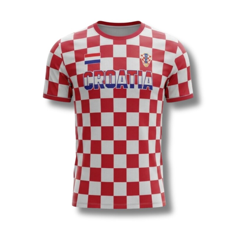 May include: A red and white chequered Croatia football shirt. The shirt displays the word "CROATIA" in blue block letters, the Croatian flag, and emblem. It has short sleeves and a crew neck. The design is a classic Croatian pattern.