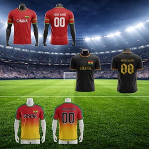 May include: A selection of Ghana football shirts in red, black, and yellow. Each shirt displays the Ghana flag and the word "Ghana". The shirts have the number "00" on the back, with the option for a name. The shirts are displayed on mannequins.