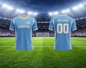 Argentinien Name & Nummer Fußball Trikot Shirt | Himmelblau Weiß Schwarz Fan Fußball Tee | Personalisiertes Geschenk