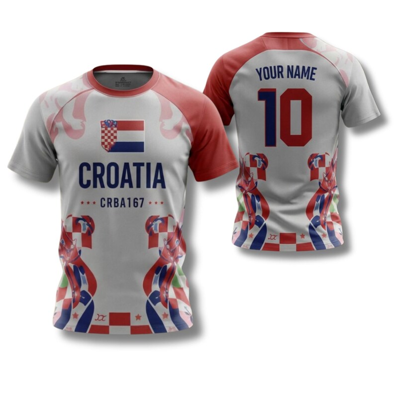 May include: A white and red Croatia football shirt with the Croatian flag and the word "CROATIA" printed on the front. The shirt also features the number 10 and the text "YOUR NAME" on the back. The sleeves and shoulders are red.