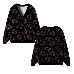Goth Mothman Cardigan Sweater, Black Red Moon Cryptid Print V-Neck Knit