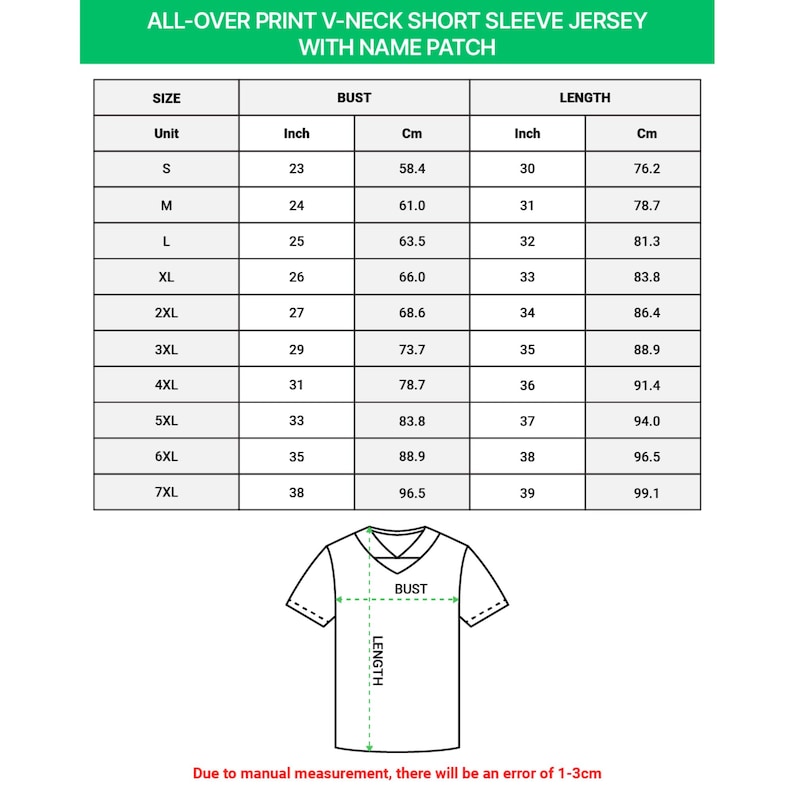 K&ouml;nnte beinhalten: Eine wei&szlig;e Tabelle mit Gr&ouml;&szlig;enangaben f&uuml;r ein V-Ausschnitt-Kurzarm-Trikot mit Namensschild. Die Tabelle zeigt Brust- und L&auml;ngenma&szlig;e in cm, von Gr&ouml;&szlig;e S bis 7XL. Der Text oben lautet "ALL-OVER PRINT V-NECK SHORT SLEEVE JERSEY WITH NAME PATCH."