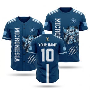 May include: Three blue jerseys with white and light blue accents. The jerseys feature the word "MICRONESIA" and a stylized illustration of a warrior. One jersey has a button-up design, and the other two are t-shirts. The back of one jersey has the text "YOUR NAME" and the number "10".