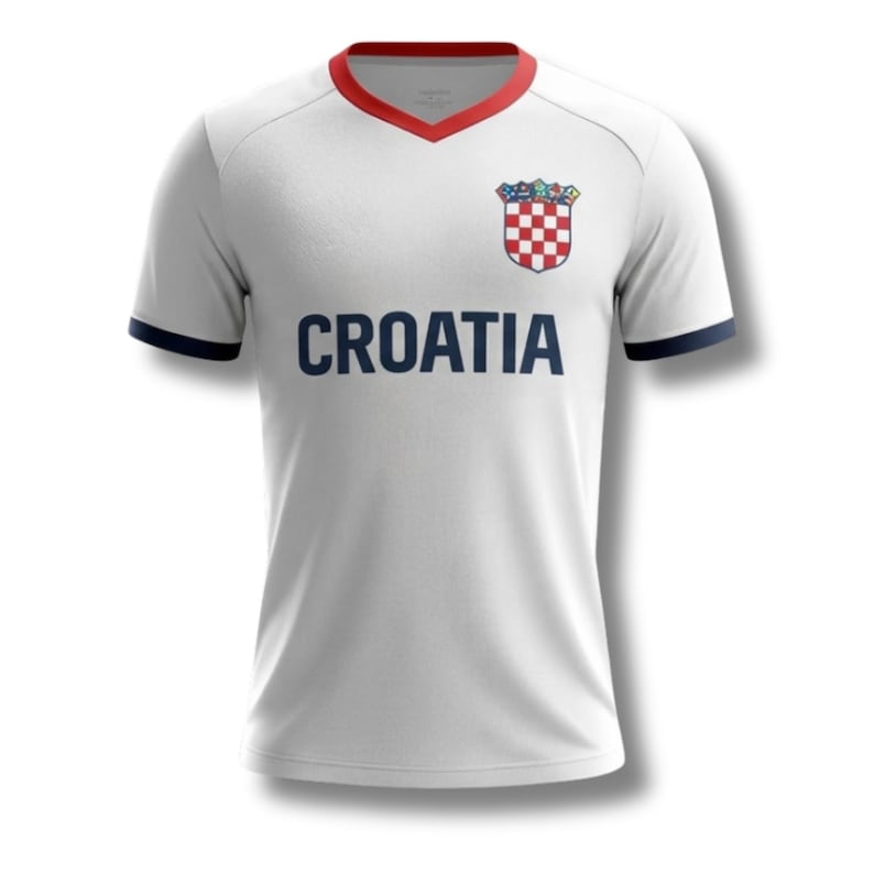 May include: White Croatia football shirt with a red and blue trim on the collar and sleeves. The word "CROATIA" is printed in blue across the chest. A Croatian coat of arms is on the upper left chest.