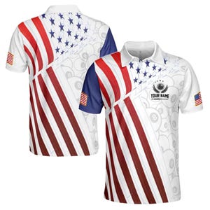 May include: White polo shirt featuring a design inspired by the American flag, with red and white stripes and blue accents. The shirt includes a pool ball pattern and the text "YOUR NAME". The sleeves have the American flag.